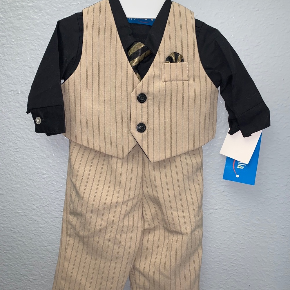 - (2 for $20) 6-9m Baby Tan & Black pinstripe Suit with tie- NWT